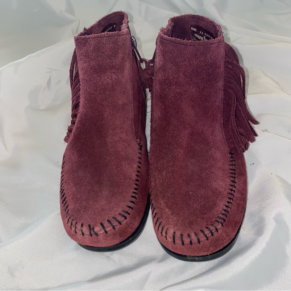Minnetonka Shoes - Minnetonka Maroon Moccasin Shoes Suede ankle zip with fringe